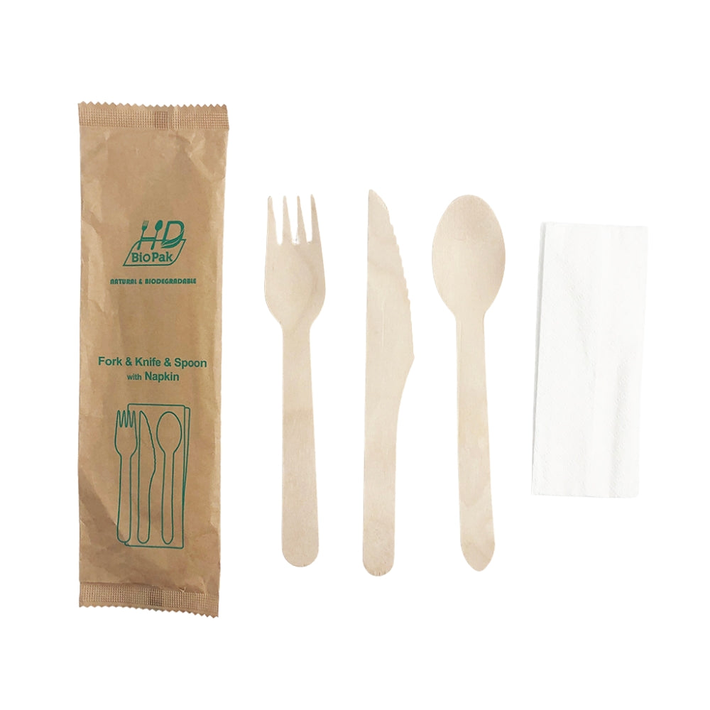 Individually Paper Wrapped Wooden Tableware Set | Knife/Fork/Spoon/Napkin
