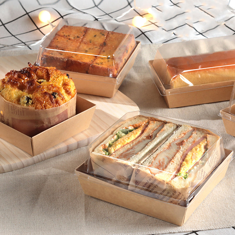Square Kraft Paper Box W/ PET Lid | 4.7x4.33x2.6" - With Food