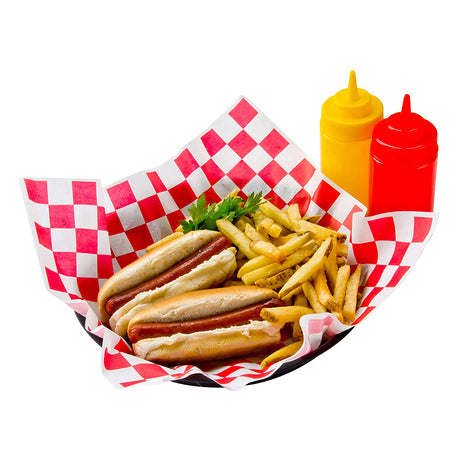 Red And White Checkered Liner Paper with hotdogs chips and ketchup